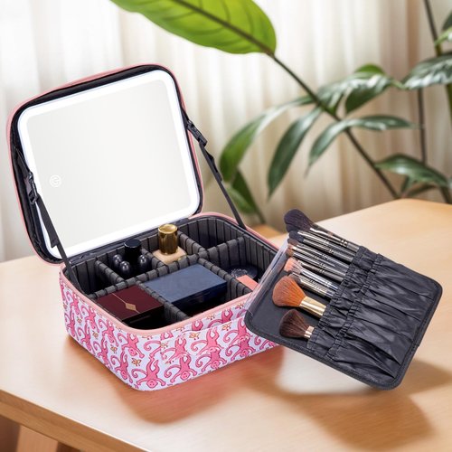 HMPEAIIY Travel Makeup Bag Organizer with LED Mirror, Portable Monkey Cosmetic Train Case with Adjustable Dividers, Brush Storage Board for Women Christmas Thanksgiving Valentine Birthday Gift (Pink)