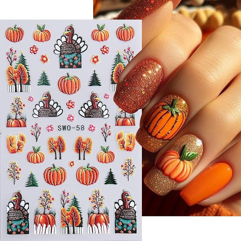 Fall Style 5 3D Nail Stickers for Autumn Nail Art Pumpkin Maple Leaf Tree Decals