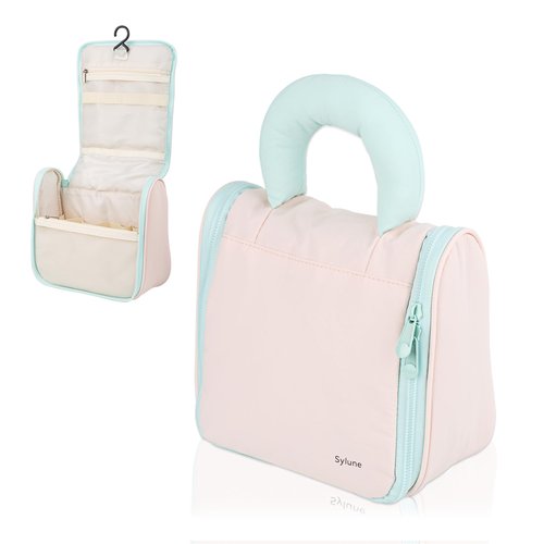 Sylune Tuck Hanging Toiletry Bag - Water-Resistant Travel Makeup Organizer with Spacious Compartments & Padded Handle for Women (Blush Petal & Mint) (Tuck Hanging Toiletry Bag)
