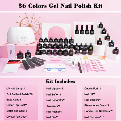 Gel Nail Polish Kit with UV Light, 36 Colors Nail Polish Set with Base and Matte&Glossy Top Coat Soak Off All Season Gel Nail Set Manicure Tools Gift for Women (36 Colors 02)