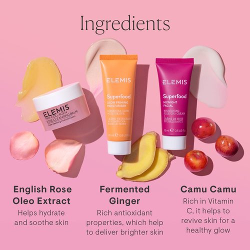 ELEMIS Way to Glow Exclusive Skincare Kit($70 Value) - Travel Set with Travel-Size Rose Cleansing Balm, Glow Priming Moisturizer & Midnight Facial, Nourish & Illuminate Skin all day