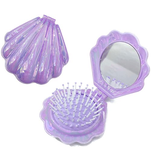 Frinnovan 6 Pack Shell Shaped Pokect Mirror Travel Compact Folding Mirrors with Hair Brush Purse Mini Cosmetic Lashes Makeup Portable Mirrors for Women Wedding Party Pink & Blue & Purple