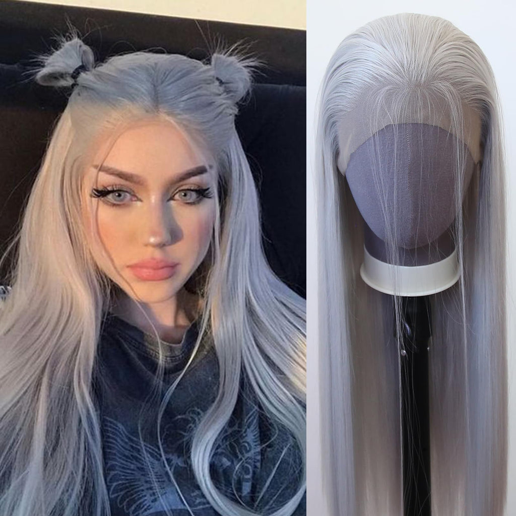 Zigzag Hair Lace Front Wigs - Long Straight Synthetic Pre Plucked with Natural Hairline, Heat Resistant, Glueless Silver Synthetic Lace Wig