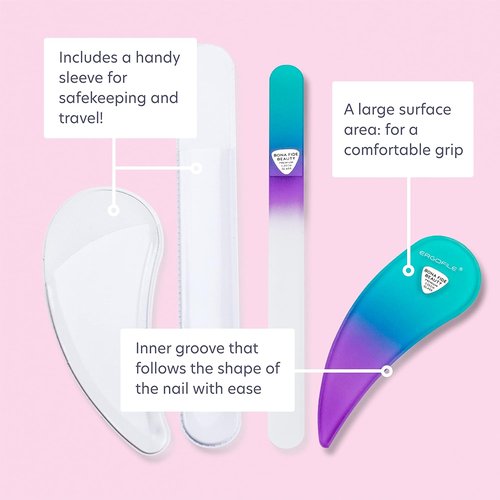 Bona Fide Beauty Ergonomic Nail File Set - 2PC Czech Glass Files for Natural & Acrylic Nails | Pastel Green & Violet