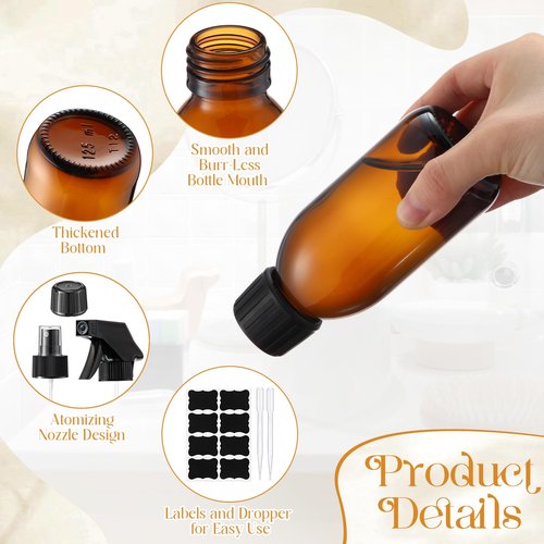 Honeydak 8 Set 4 oz Amber Glass Spray Bottles Kit Small Empty Spray Bottle for Essential Oil Mini Fine Mist Spray Bottle with Nozzle Dropper Label Refillable Container for Cleaning Solutions Skin Care