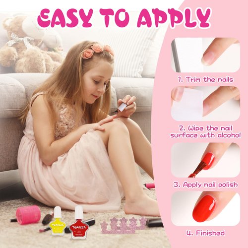 TOMICCA Kids Nail Polish - 10 Color Quick Dry Non-Toxic Peel Off Water Based Gel Nail Polish Set for Toddler Teen DIY Nail Art