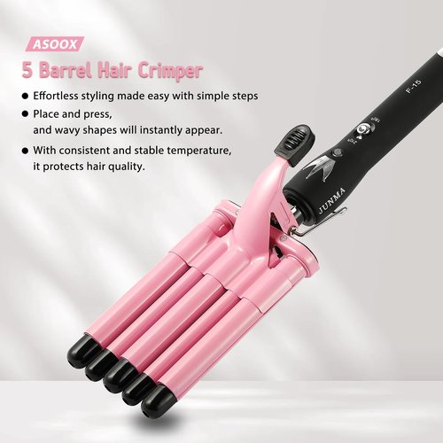 Hair Curling Iron 5 Barrel Hair Crimper 16mm Curling Wand Two-Gear Temperature Adjustable Ceramic Curler Curling Iron Waver with Heat Resistant Gloves