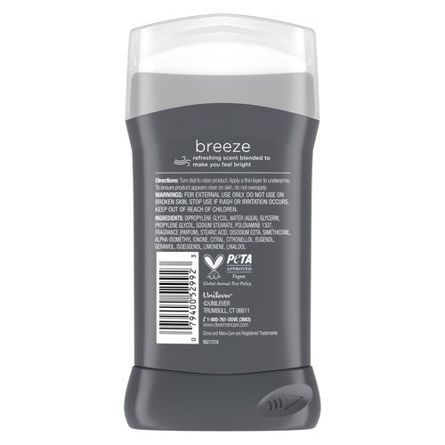 Dove Men+Care Aluminum‑Free Deodorant Stick, Breeze Mood Boosting Scent, 72h Odor Protection, 3 oz