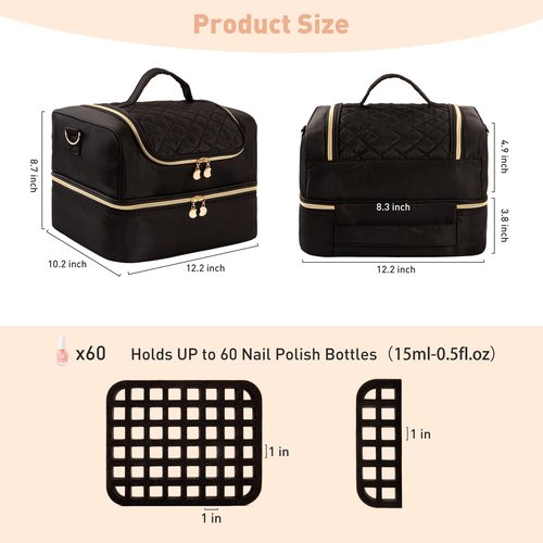 KGMCARE Nail Polish Organizer Case, Nail Supplies Storage Holds 60 Bottles Nail Polish & Nail Lamp Gel Nail Travel Carrying Bag for Nail Kit (Black)