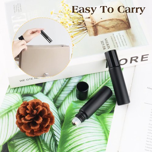 Mirrline 20 Pcs 10ml Roller Bottles Black Frosted Glass Bottle with Stainless Steel Roller Balls & Aluminum Screw Cap for Perfume Essential Oil Lip Gloss, 1 X Opener, 2 X Pipette Droppers