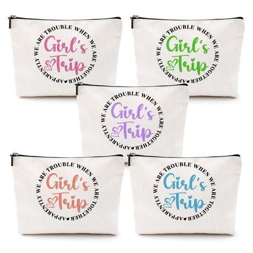 CQM 5 Pcs Girls Trip Gifts Girls Weekend Makeup Bag Girl Trip Gifts Favors Summer Gift Cosmetic Bag Toiletry Bag Zipper Pouch Weekender Bags for Women Girl Friendship Bachelorette Party Birthday