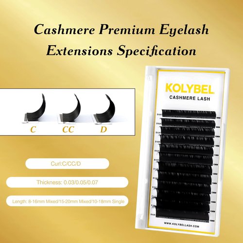 KOLYBEL Classic Lash Extensions 0.05 CC Cashmere Eyelash Extensions 8-16mm Mixed Lash Tray,Silk Volume & Classic Lashes Soft Matte Dark Professional Eyelashes Extension Salon Use(0.05-CC-8-16 mm)