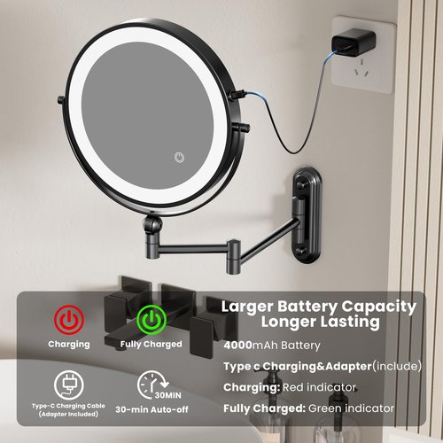 Rocollos Rechargeable Wall Mounted Lighted Makeup Mirror, 8 Inch Double-Sided LED Vanity Mirror 1X/10X Magnification,3 Color Lights Touch Screen Dimmable (Black-30X)