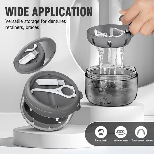 Denture Bath Box Cup, Leak Proof Denture Cup Kit Portable Retainer Case for Travel, Denture Case Cleaning Care for Dentures Aligner Mouth Guard with Denture Brush,Strainer, Removal Tool and Mirror