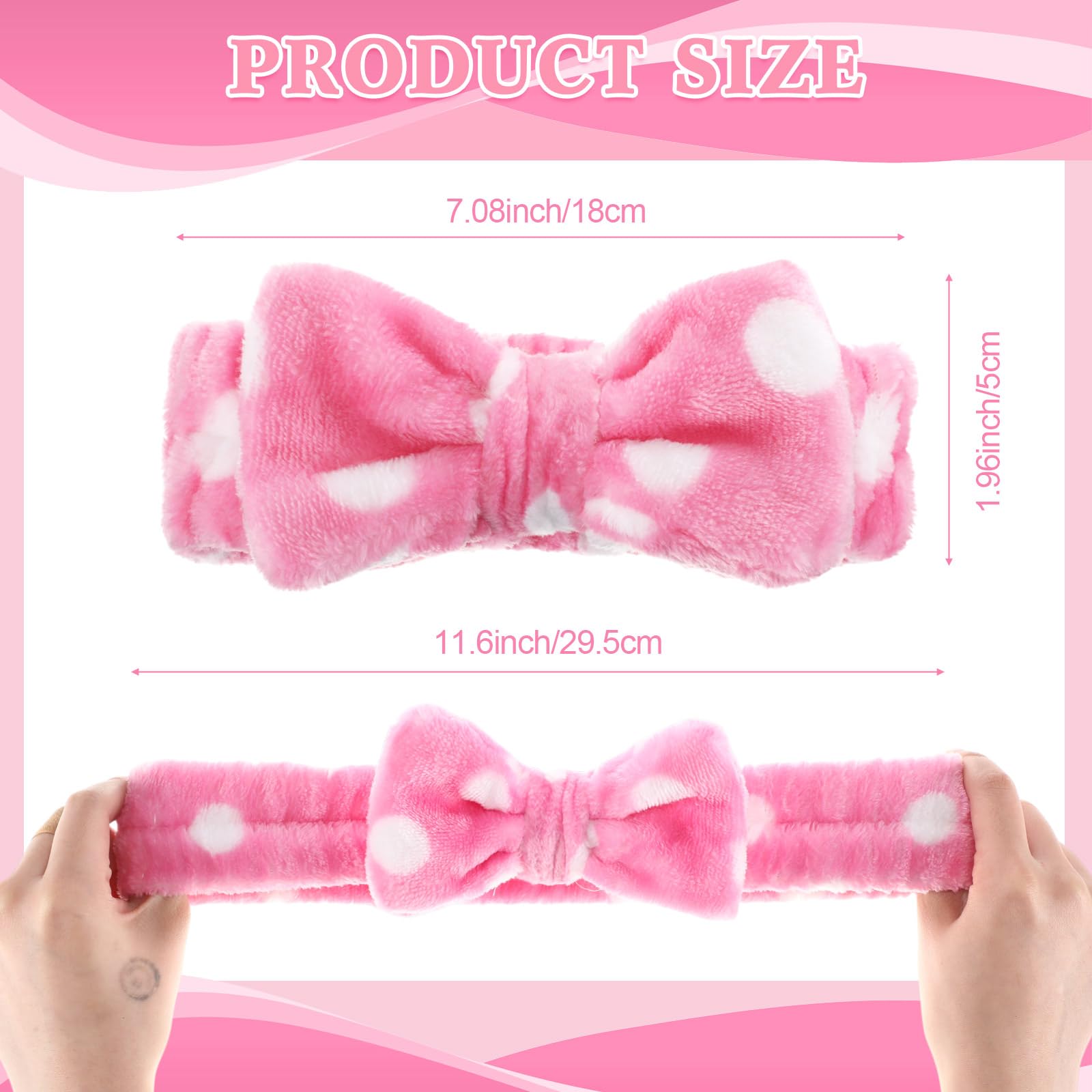Wavyknot 50 Pcs Pink Spa Headband Bulk Spa Sleepover Party Supplies for Washing Face with Removable Bow Makeup Elastic Bowknot Headbands for Women Gifts Soft Skincare Microfiber Hairbands(Dots Style)