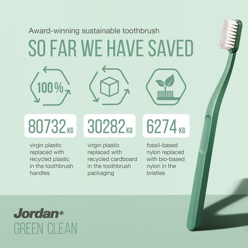 Jordan® Green Clean Manual Toothbrush - Sustainable Scandinavian Design, Soft Bristles | 4-Pack