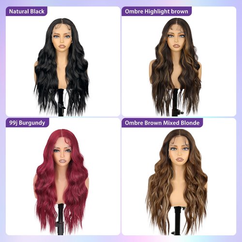 Kurope 13x4 Synthetic Lace Front Wig Black Long Wavy Wigs 26inch Pre-Plucked Hairline and Baby Hair Synthetic Wigs for Black Women