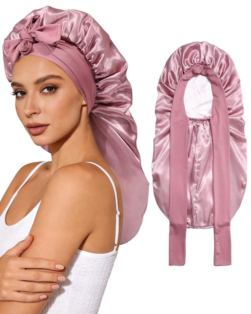 AWAYTR Long Satin Bonnet for Sleeping - Double Layer Reversible Silk Bonnet for Long Hair Women Sleeping Cap with Tie Band (Rose Gold+Pink)