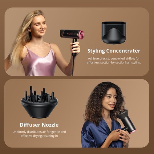 Hair Dryer, 1800W Ionic Hair Dryer with Smart Mode (Baby/Men/Women), High Speed Brushless Motor for Fast Drying (2-5 Mins), Blow Dryer with Diffuser, Lightweight for Home & Travel(Pink)(Black Pink)