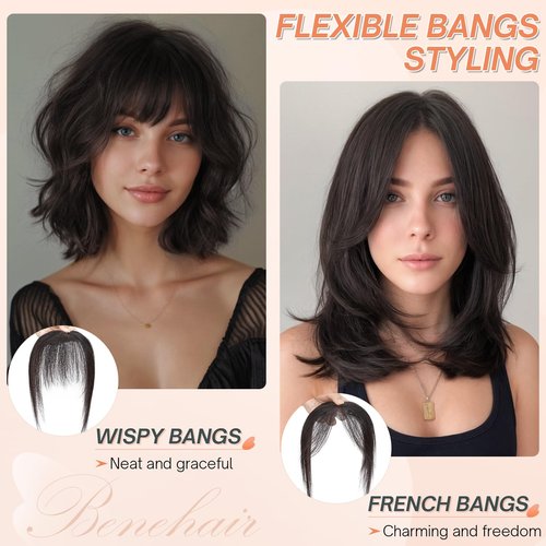 Benehair Clip on Bangs for Women Human Hair, Fake Bangs Clip Human hair, Middle Part Clip in Hair Extensions Hair Pieces with Temples for Daily Wear (Dark Brown)