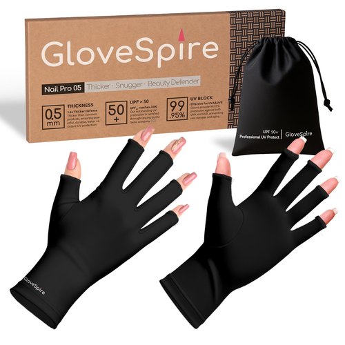 GloveSpire Thickened UV Gloves for Nails, UPF50+ UV Protection Gloves, Fingerless Design for Women Gel Manicures Anti UVA UVB Light(One Size Fits Most/Black)