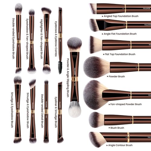 MAANGE Makeup Brushes 16Pcs Professional Foundation Powder Blush Contour Eyeshadows Double-End Makeup Brushes Set with Bag and Gift Box-CoffeeBrown