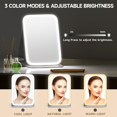 Mocado Travel Makeup Mirro with Lights, 360° Rotation Lighted Makeup Mirror, Portable Mirror with 10x Magnification, 60LEDs 3 Color Lightings, Dimmable Touch Screen, Tabletop Light up(Pink)
