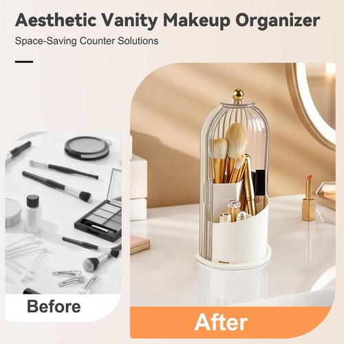 Hvygss 360° Rotating Makeup Brush Holder with Lid, Waterproof Three-Compartment Makeup Organizer, 180° Side-Pull Door Desk Organizer, Dustproof Brush Holder for Vanity and Bathroom (Clear White)