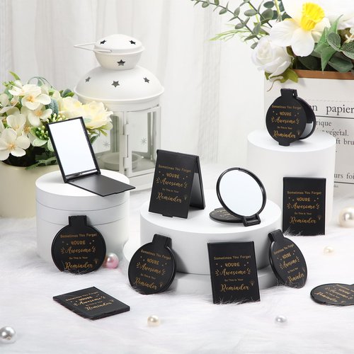 Geetery 48 Sets Inspirational Compact Mirror Bulk Round Makeup Glass Purse Pocket Mini Hand Folding Makeup Mirror with Gift Bags for Women Day Coworker Friends
