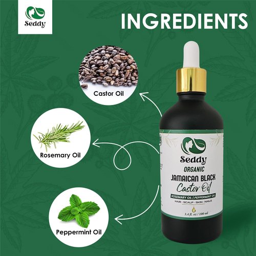 Seddy Organic Jamaican Black Castor Oil - Cold-Pressed Hair Growth Treatment with Rosemary & Peppermint | 3.4 fl oz