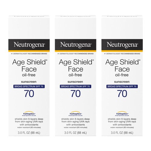 Neutrogena Age Shield Face Oil-Free Sunscreen Lotion with Broad Spectrum SPF 70, Non-Comedogenic Moisturizing Sunscreen to Help Prevent Signs of Aging, PABA-Free, 3 fl. oz (Pack of 3)