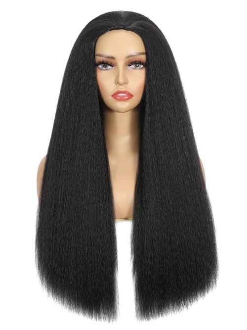 TASHEEMA Glueless Kinkystraight Synthetic Hair 3 in 1 Half Wig for Women 24 inch Black Yaki Kinky Straight for Headband Wig Ponytail