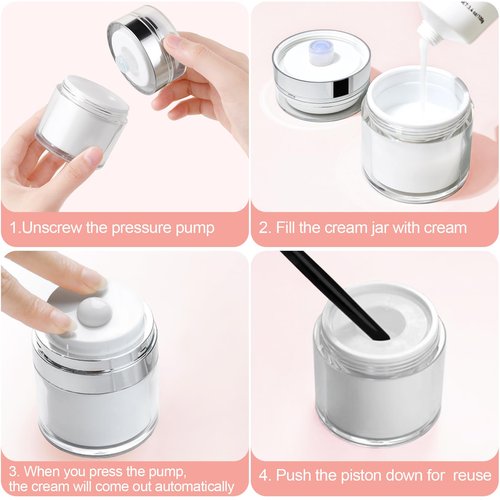Airless Pump Jars, Refillable Cosmetic Moisturizer Airless Pump Jar 3 Pack Bottles Travel Size for Cream, Gels and Lotion with Silicone Spatula 0.5oz 1oz 1.7oz