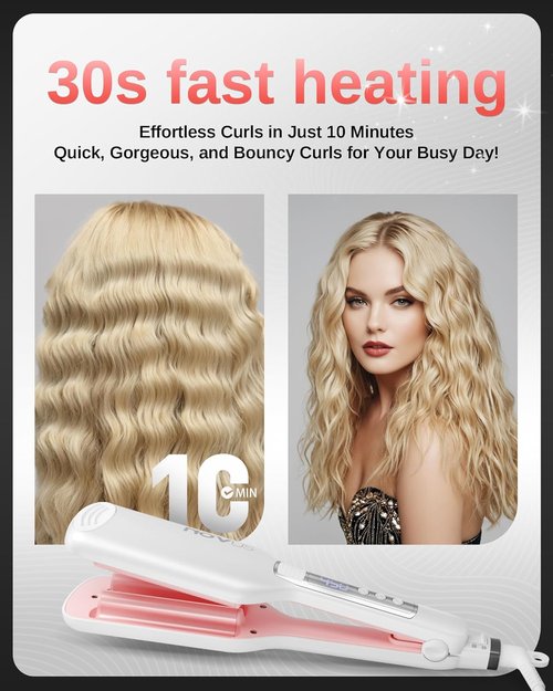 NOVUS Hair Crimper - 4-Barrel Wave Curling Iron for Beach Waves - Adjustable Heat, 0.6 Inch
