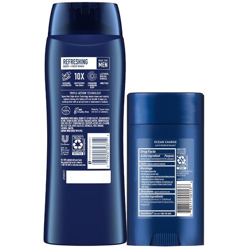 Suave Men’s Body Wash, Refresh + Invisible Solid Ocean Charge Antiperspirant Deodorant Stick, 48H Sweat & Odor Protection (2 Piece Set)