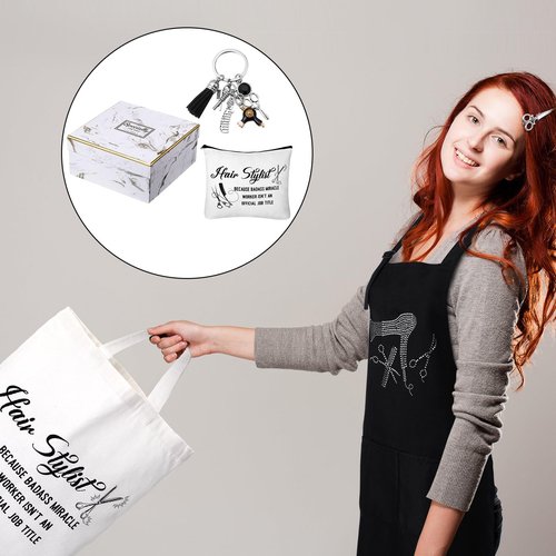 Coume 7 Pcs Hairdresser Gift Set for Women Hairstylist Apron Tote Bag Makeup Bag Mugs Scissors Charm Keychain Scissor Hair Clips and Box for Female Inspirational Appreciation Gifts