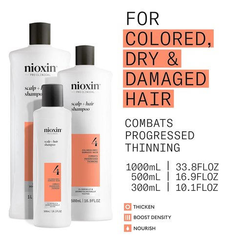 Nioxin System 4 Thickening Shampoo - Nourish Colored, Dry & Damaged Hair | Boost Density with Niacinamide & Biotin