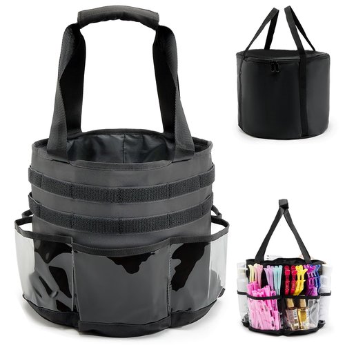 PUMHUBO Hairstylist Travel Bag, with Dust Cover, 11L Large Capacity, Heat-Resistant Interior, Clear Pockets, 24 Hook-and-loop Slots, Top Drawstring, Makeup & Pet Grooming Supplies Organizer
