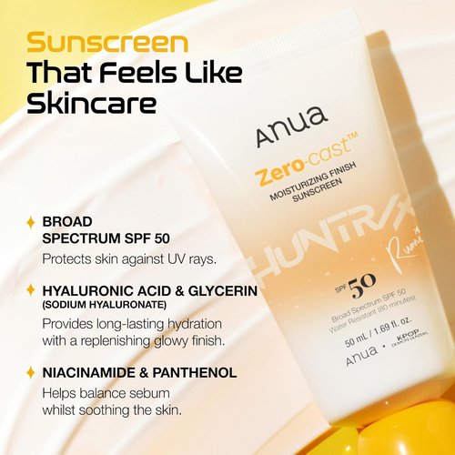 Anua Zero-Cast Moisturizing Sunscreen SPF 50 - Glow Natural Face Sunscreen with Hyaluronic Acid & Niacinamide | Oil-Free, 1.69 fl oz