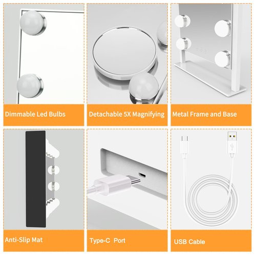 Dirket Vanity Mirror with Lights, Hollywood Lighted Makeup Mirror with 3 Color Lighting Modes and 12 Dimmable Bulbs, Detachable 5X Magnification, Smart Touch Control, 360°Rotation, White