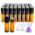PYAWI 50 PCS 5ml Amber Glass Roller Bottle,Essential Oil Sample Vials with Stainless Steel Roller Ball,Black Caps,for Travel Perfume Cosmetics Small Container(2 Funnels, 2 Dropper, 1 Opener) (5ml)