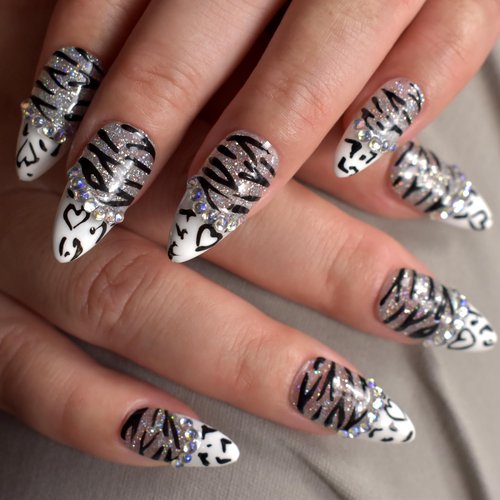 Handmade Nails Press On Medium Almond Reusable Unique Fake Nails, Artistic Design, Thick Acrylic and Muti-Layer Gel False Nails Stick On, Size M