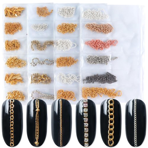 JERCLITY 4 Packs of 24 Strips Nail Chains for Nail Art Gold Silver Alloy Metal Nail Art Chains Gold Nail Charms Punk Nail Studs Jewelry Accessories for Women Nail Art