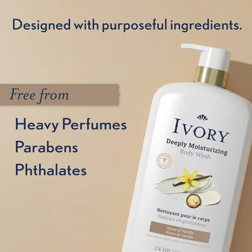 Ivory Body Wash - Deeply Moisturizing Formula with Shea Butter | 24hr Hydration & Vanilla Scent, 27 oz