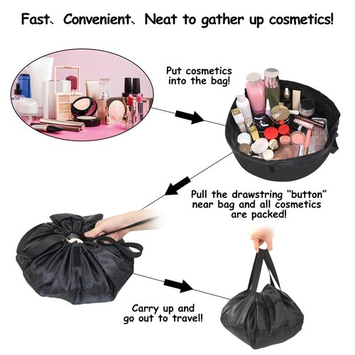 SUMBABO Drawstring Makeup Bag Open Flat – Barrel Drawstring Cosmetic Bag for Women Toiletry Bag for Travel with Brush Bag (Black)