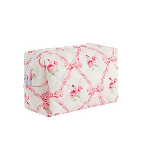 RSRSLEII Small Quilted Cotton Makeup bag, Cute Floral Cosmetic bag, Cotton Aesthetic Makeup Pouch, Large Capacity Travel Toiletry Bag for Women and Girls (02Pink bows)