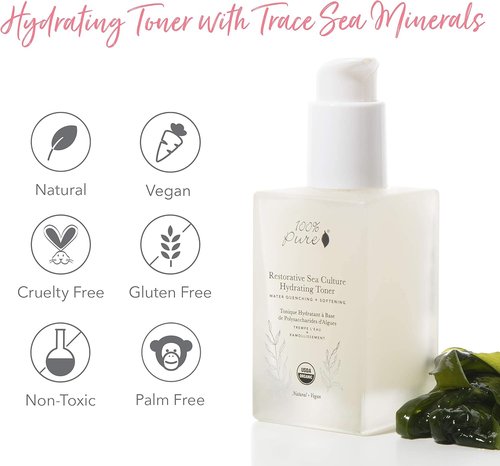 100% PURE Hydrating Toner - Restorative Sea Essence with Organic Witch Hazel & Hyaluronic Acid | 4 Fl Oz