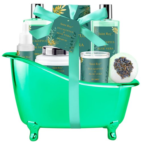 Spa Gift Basket Luxury bath and body Basket, Christmas Gifts for Women Her him, Bath Baskets for Women, 8 pcs Eucalyptus Aloe Spa shower gift, Birthday Gifts bath kit, Self Care Bath Gift Set