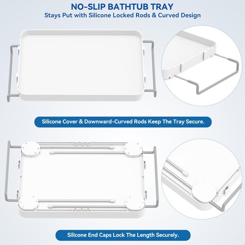 Bathtub Tray for Large Soaking Tub Table Tray Expandable Tub Shelf for Bathtub Caddy Bath Shelf Over Tub Luxury Bath Board Book Holder with Removable 2 Cup Holder Phone Metal Shower Caddy Basket White
