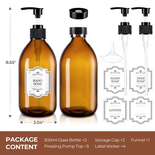 Homepicker 16 oz Amber Glass Soap Dispenser with Pump, Glass Pump Bottle for Lotion Body Oil, 500ml Hand and Dish Soap Dispensers Set with Storage Caps, Labels - 2 Pack